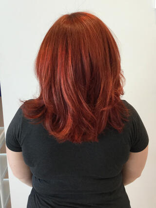 After photo: rear view of woman with medium length even brunette hair after color.